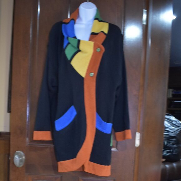 VTG CRISCA by Escada Fish Print Color Block Wool Cardigan Sweater Sz Large Rare - Picture 4 of 16